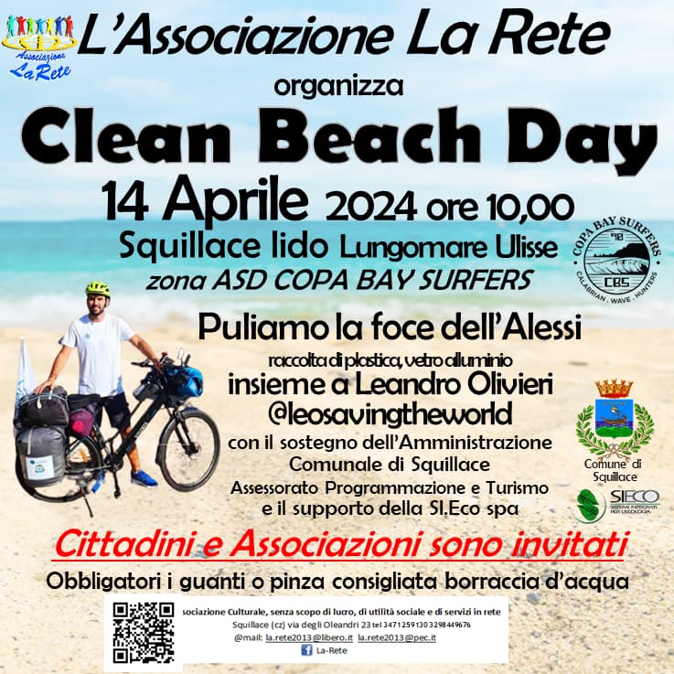Clean Beach Day giornata ecologica 14 Aprile 2024 Lungomare Ulisse Squillace Lido locandina - Gli appuntamenti del weekend in Calabria - 17 Clean Beach Day giornata ecologica 14 Aprile 2024 Lungomare Ulisse Squillace Lido locandina - Meraviglie di Calabria - 16