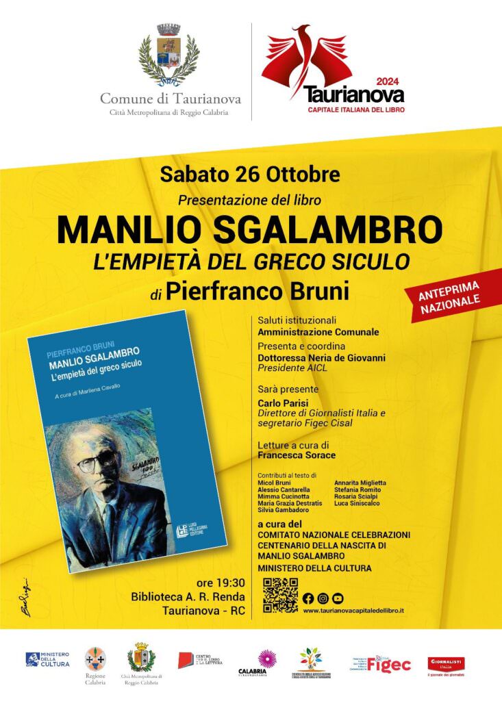 Locandina presentazione Manlio Sgalambro - Taurianova Capitale del Libro, onore al filosofo Manlio Sgalambro - 3 Locandina presentazione Manlio Sgalambro - Meraviglie di Calabria - 2