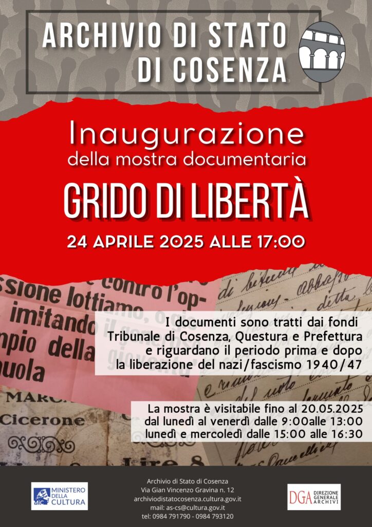 Locandina N2 2025 Liberazione - 'Grido di libertà', la Resistenza nei documenti dell’Archivio di Cosenza - 5 Locandina N2 2025 Liberazione - Meraviglie di Calabria - 4