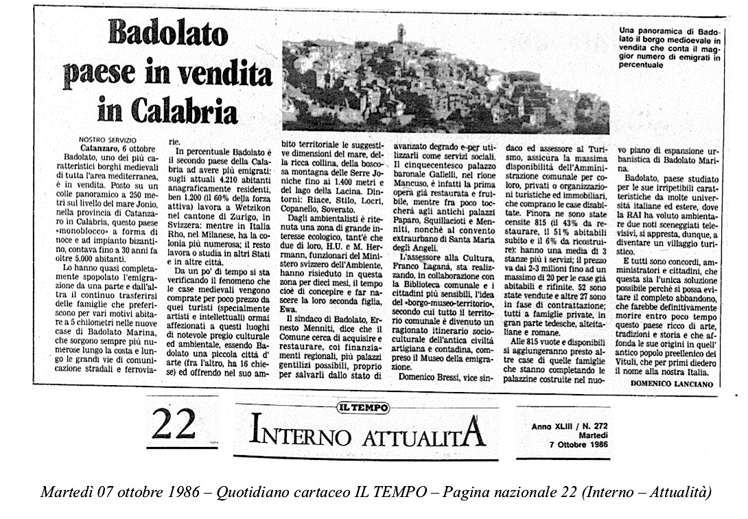 ARTICOLO Badolato paese in vendita 07.10.1986 contro la morte dei borghi - Meraviglie di Calabria - 12