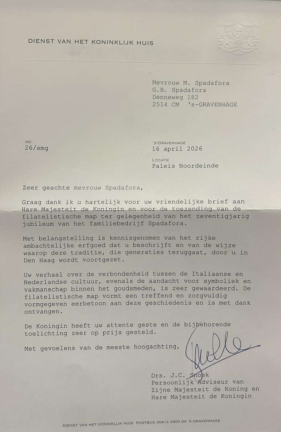 Lettera ufficiale del Servizio della Casa Reale olandese - Meraviglie di Calabria - 2