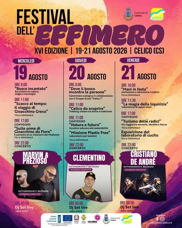 Locandina Effimero - Celico, Marvin & Prezioso, Clementino e Cristiano De André protagonisti della XVI edizione del Festival dell'Effimero - 3 Locandina Effimero - Meraviglie di Calabria - 2